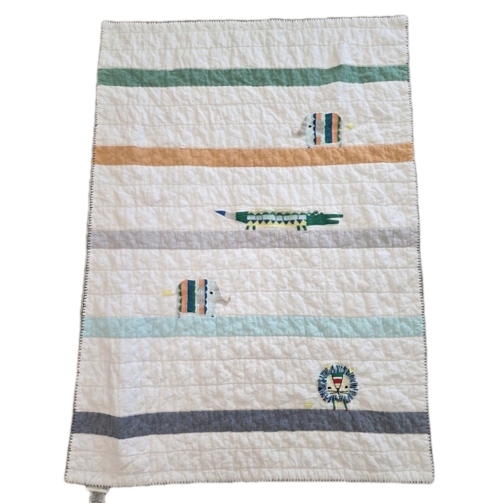 Pottery Barn Kids Colby Animal Baby Quilt Embroidered Alligator  Elephant Lion